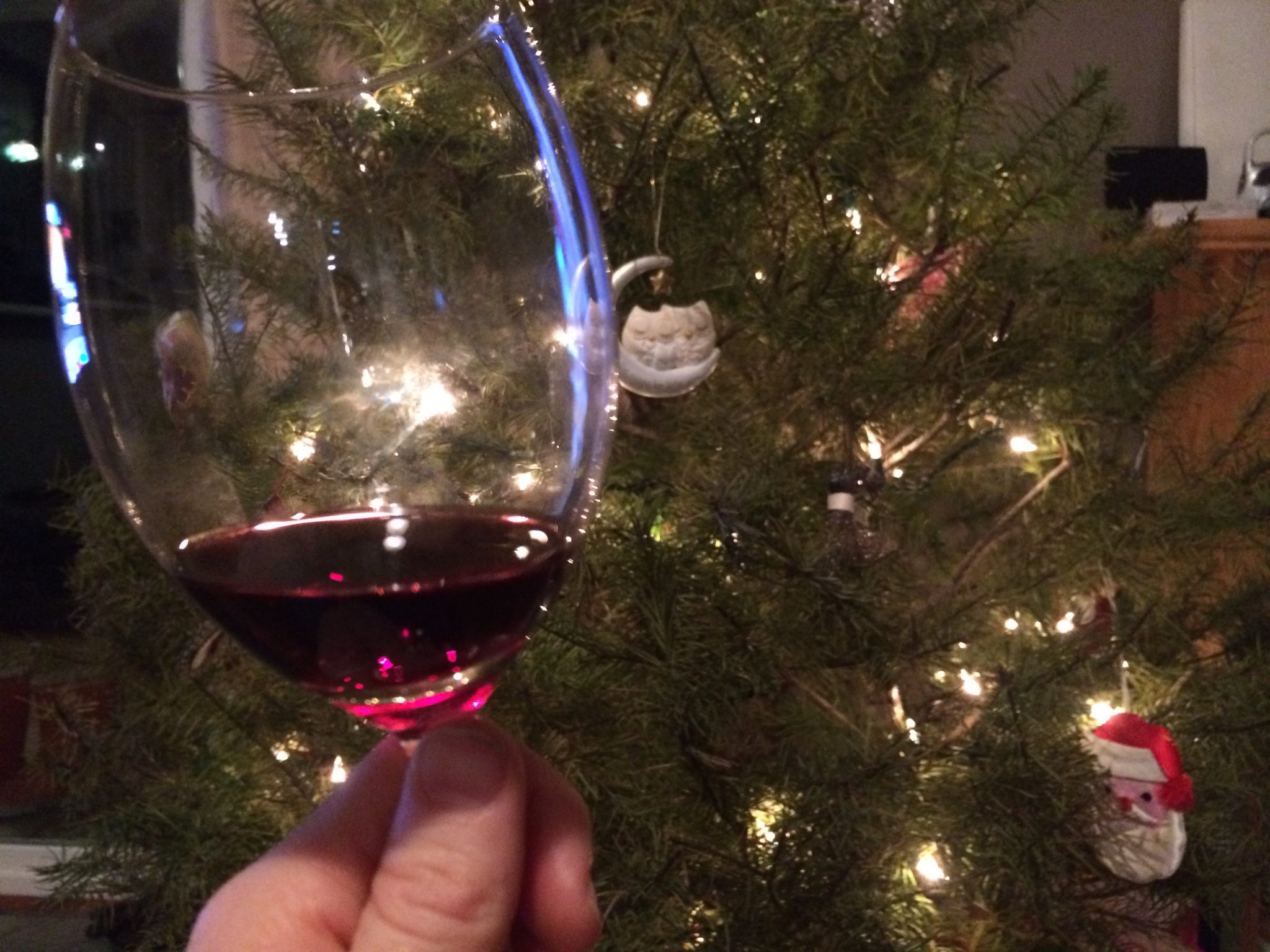 Cheers with wineglass to Christmas tree