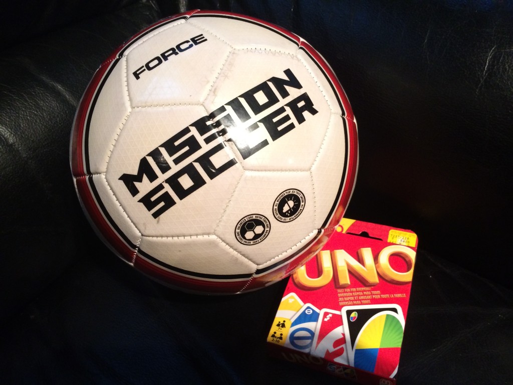 soccer ball and uno gifts