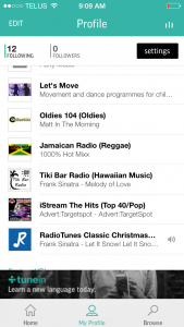 TuneIn Radio app following on iPhone