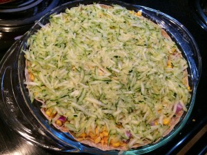 shredded zuchini on tortilla pie