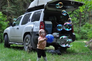 bubbles and ball while camping with a toddler