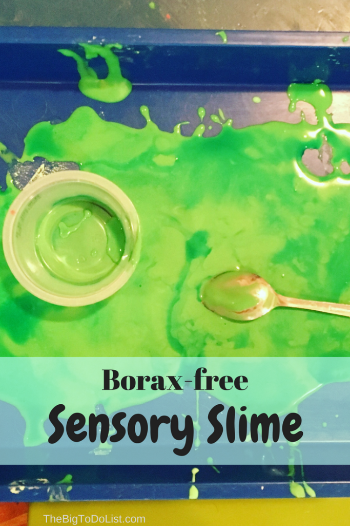Recipe for slime without borax to offer a non-toxic sensory experience for kids.