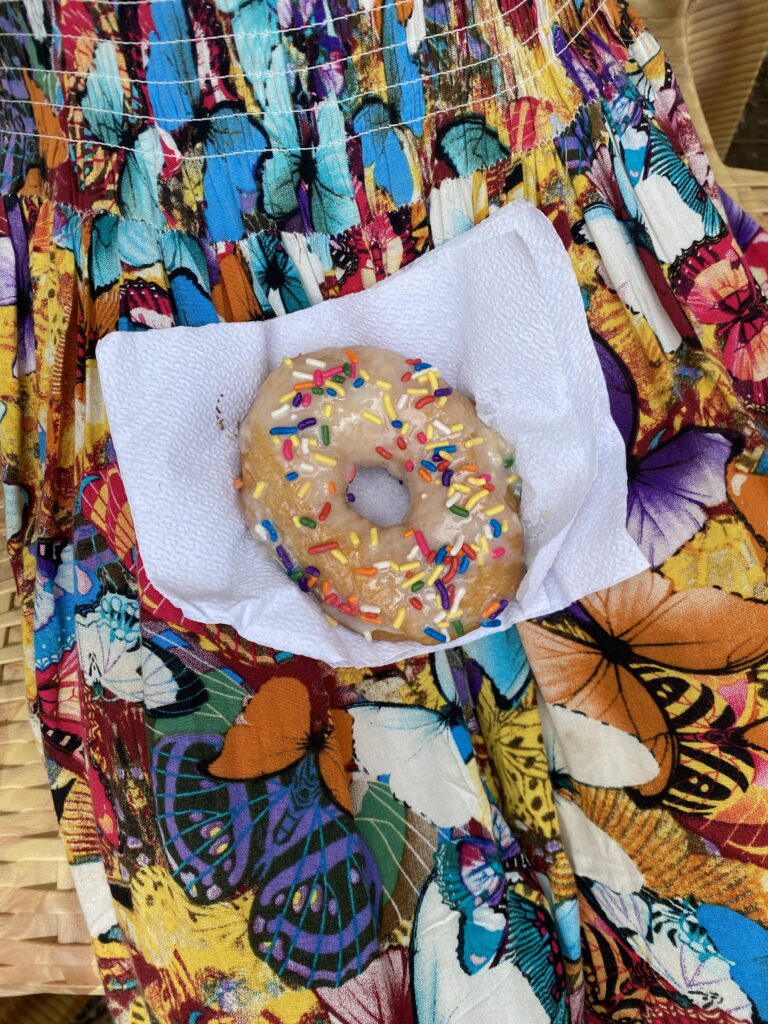 Spinkle donut on a napkin on top of a colourful butterfly fabric